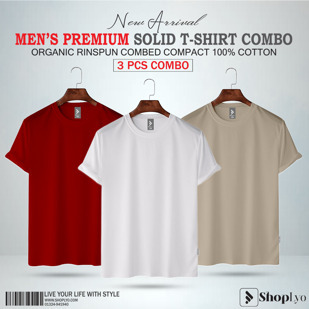 Men’s Premium Solid T-Shirt Combo – White, Cream, Maroon
